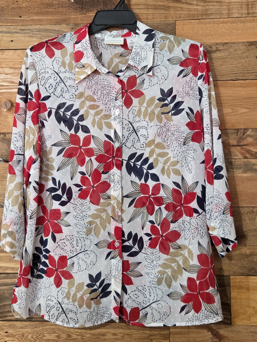 Alfred Dunner Clip Dot Womens 16W Floral Button Front Blouse White Red Navy 3/4